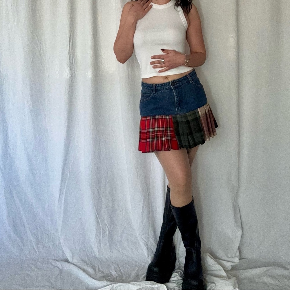 Plaid Patchwork Denim Skirt